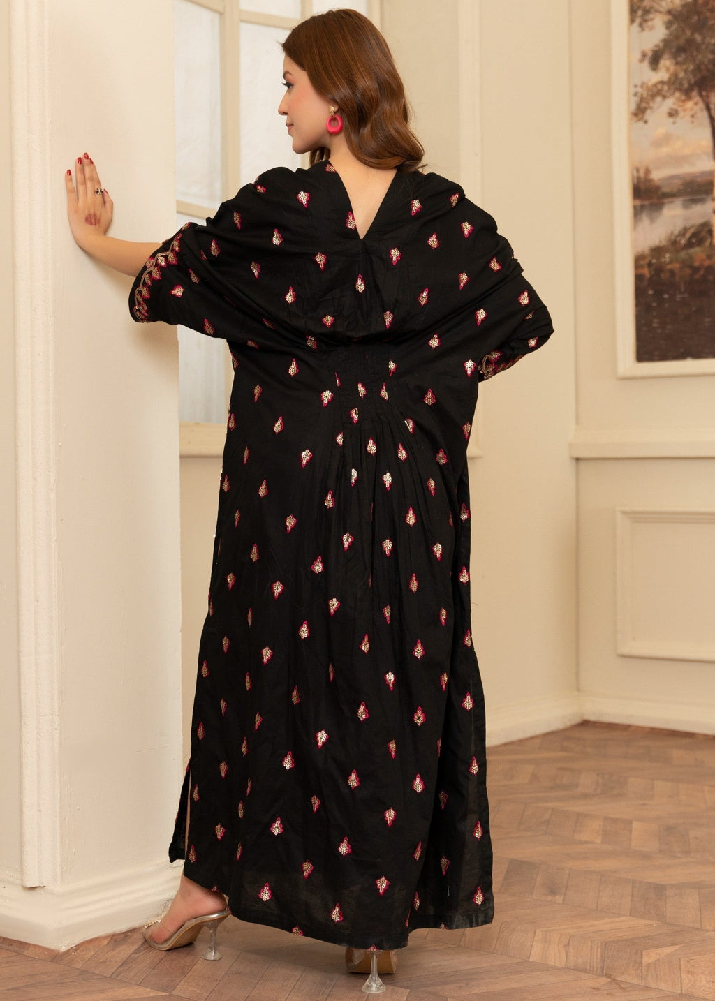 Embroidered Lawn Long Kaftan – Black, Festive Wear