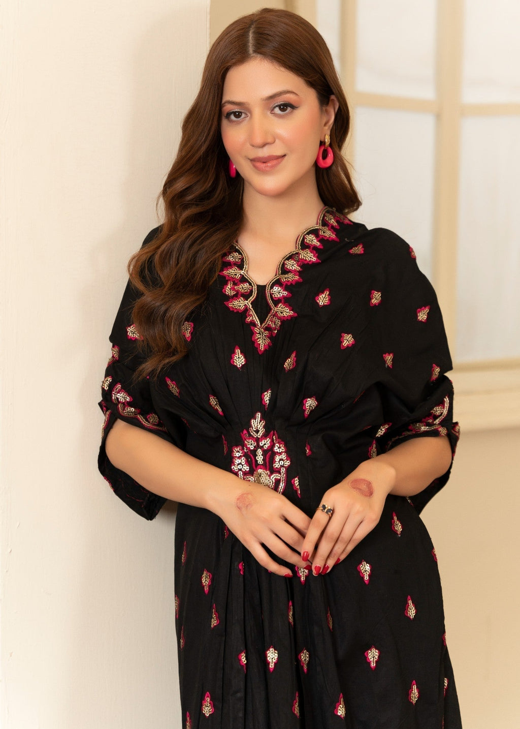 Embroidered Lawn Long Kaftan – Black, Festive Wear