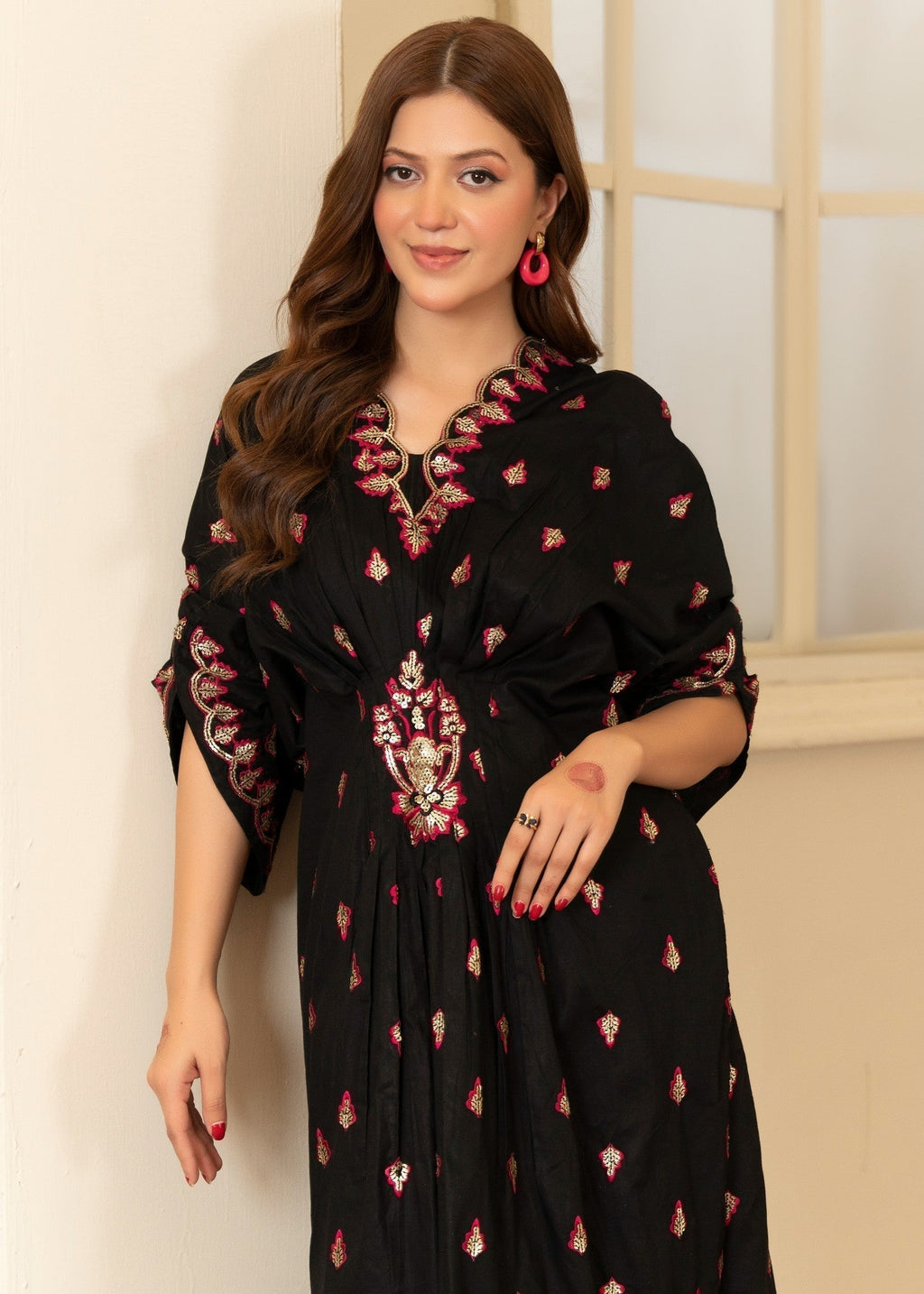 Embroidered Lawn Long Kaftan – Black, Festive Wear