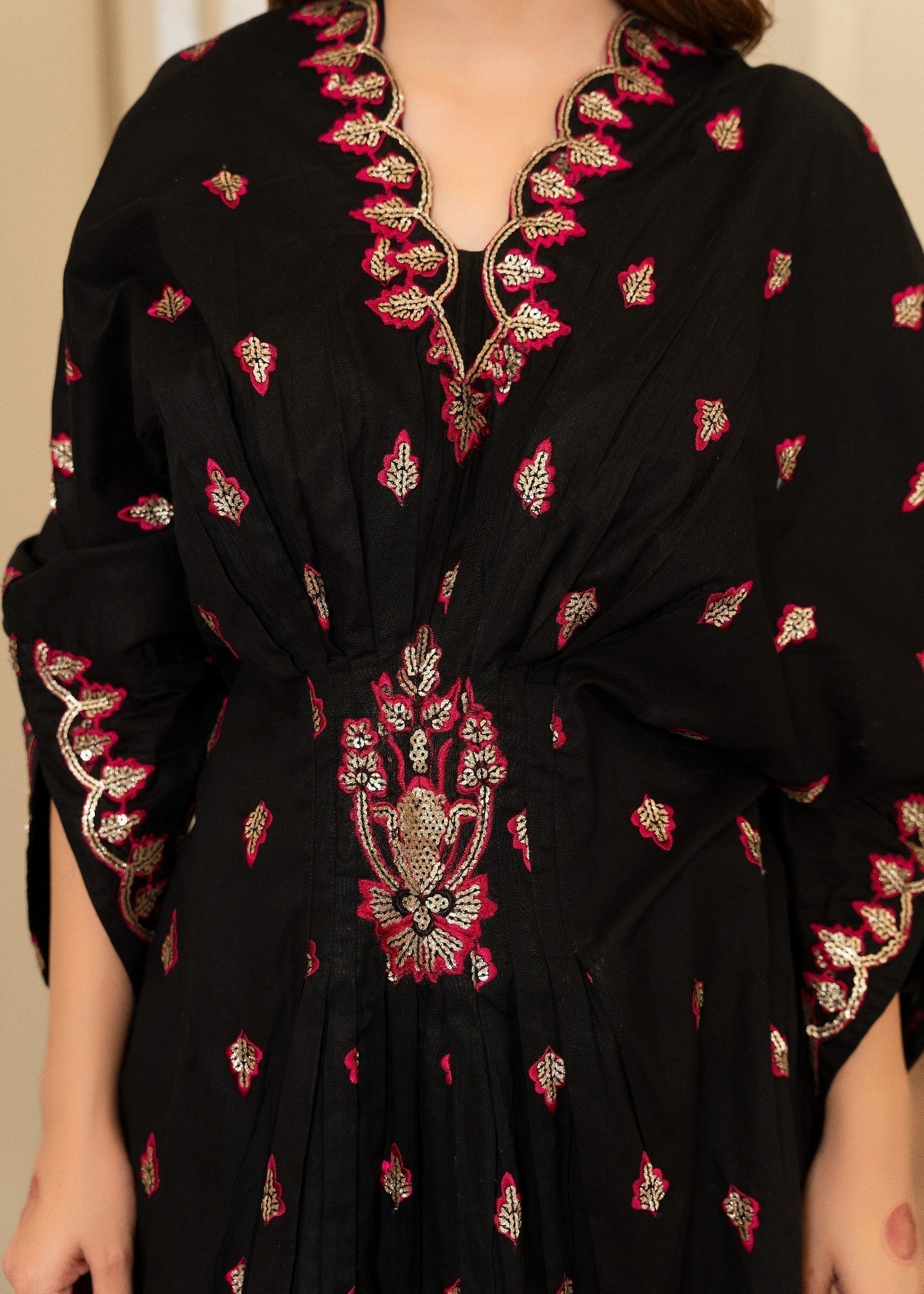 Embroidered Lawn Long Kaftan – Black, Festive Wear