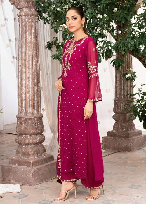 Embroidered Chiffon Long Kurta 3-Piece Suit – Magenta