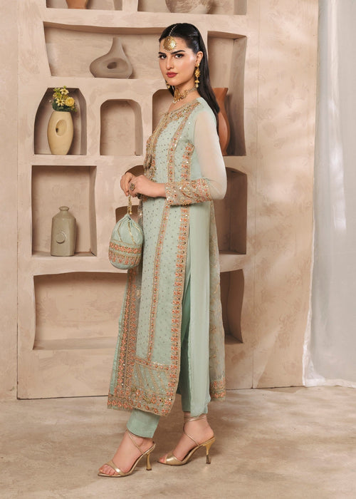 Embroidered Chiffon Long Kurta 3-Piece Suit – Pastel Green, Organza Dupatta
