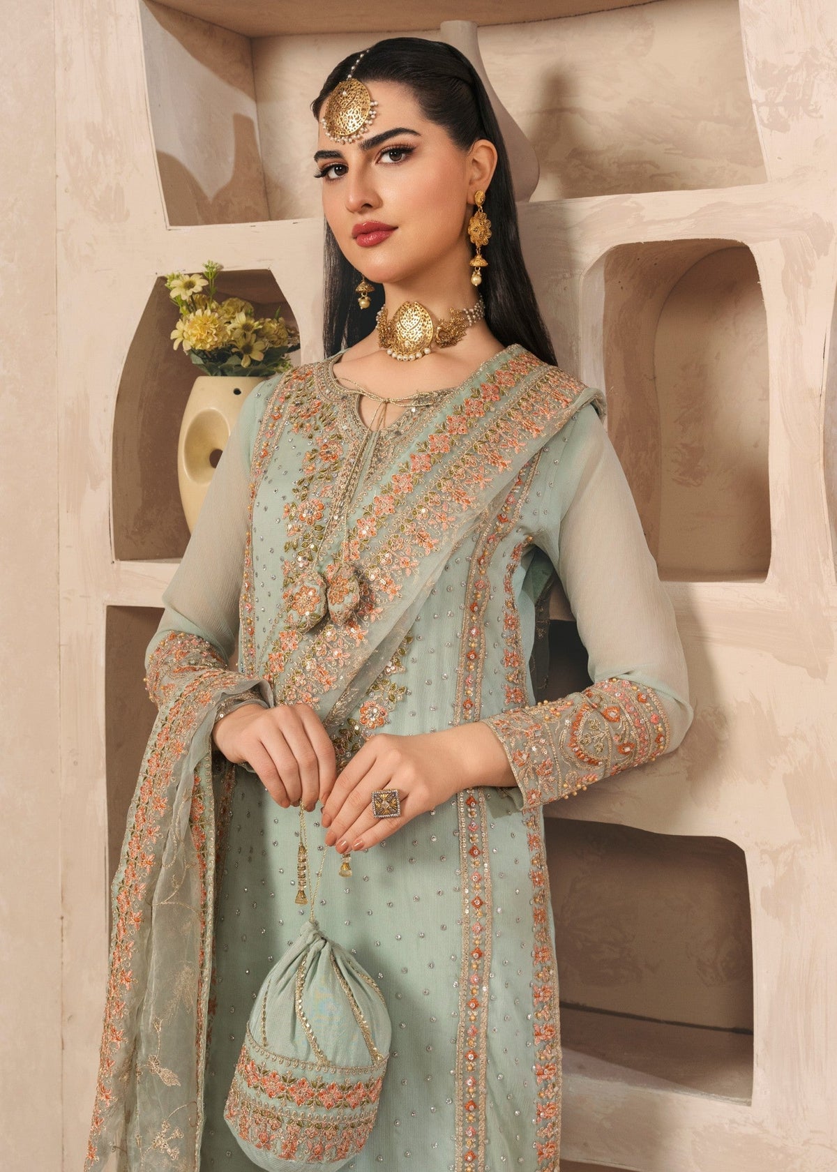 Embroidered Chiffon Long Kurta 3-Piece Suit – Pastel Green, Organza Dupatta