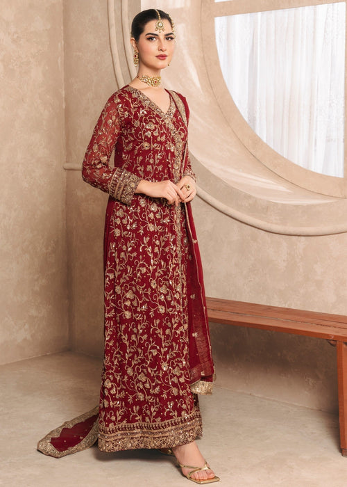 Embroidered Chiffon Long Angrakha 3-Piece Suit – Maroon, Formal Wear