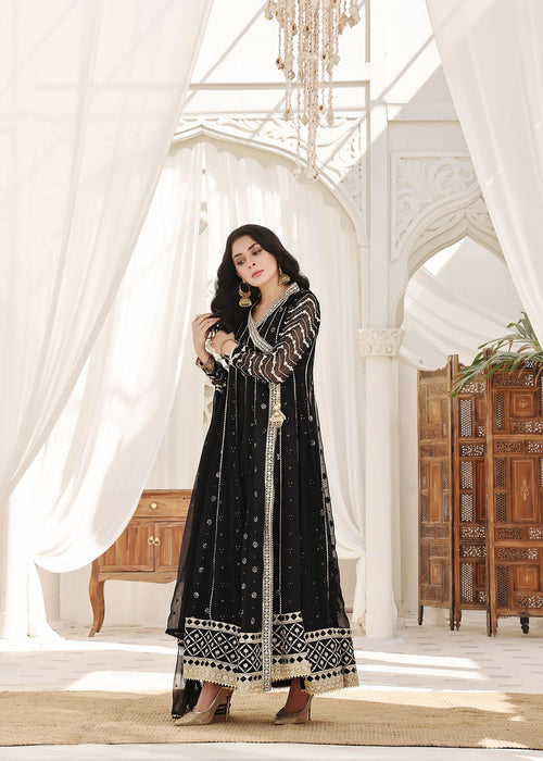 Embroidered Chiffon Long Angrakha 4-Piece Suit – Black