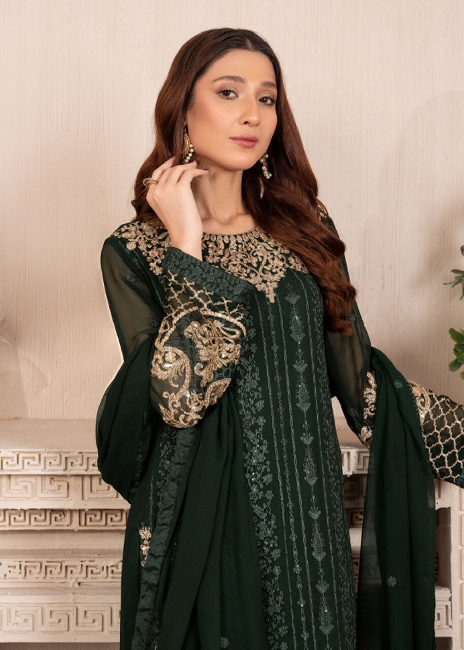 Embroidered Chiffon Long Kurta 3-Piece Suit – Dark Green