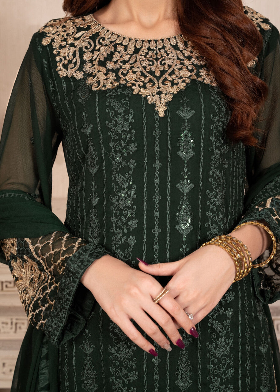 Embroidered Chiffon Long Kurta 3-Piece Suit – Dark Green