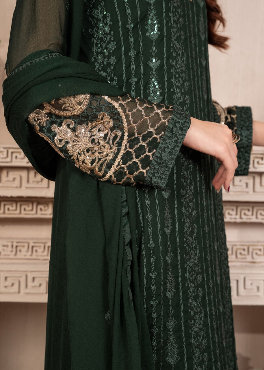 Embroidered Chiffon Long Kurta 3-Piece Suit – Dark Green