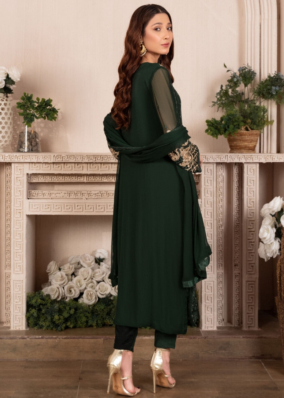 Embroidered Chiffon Long Kurta 3-Piece Suit – Dark Green