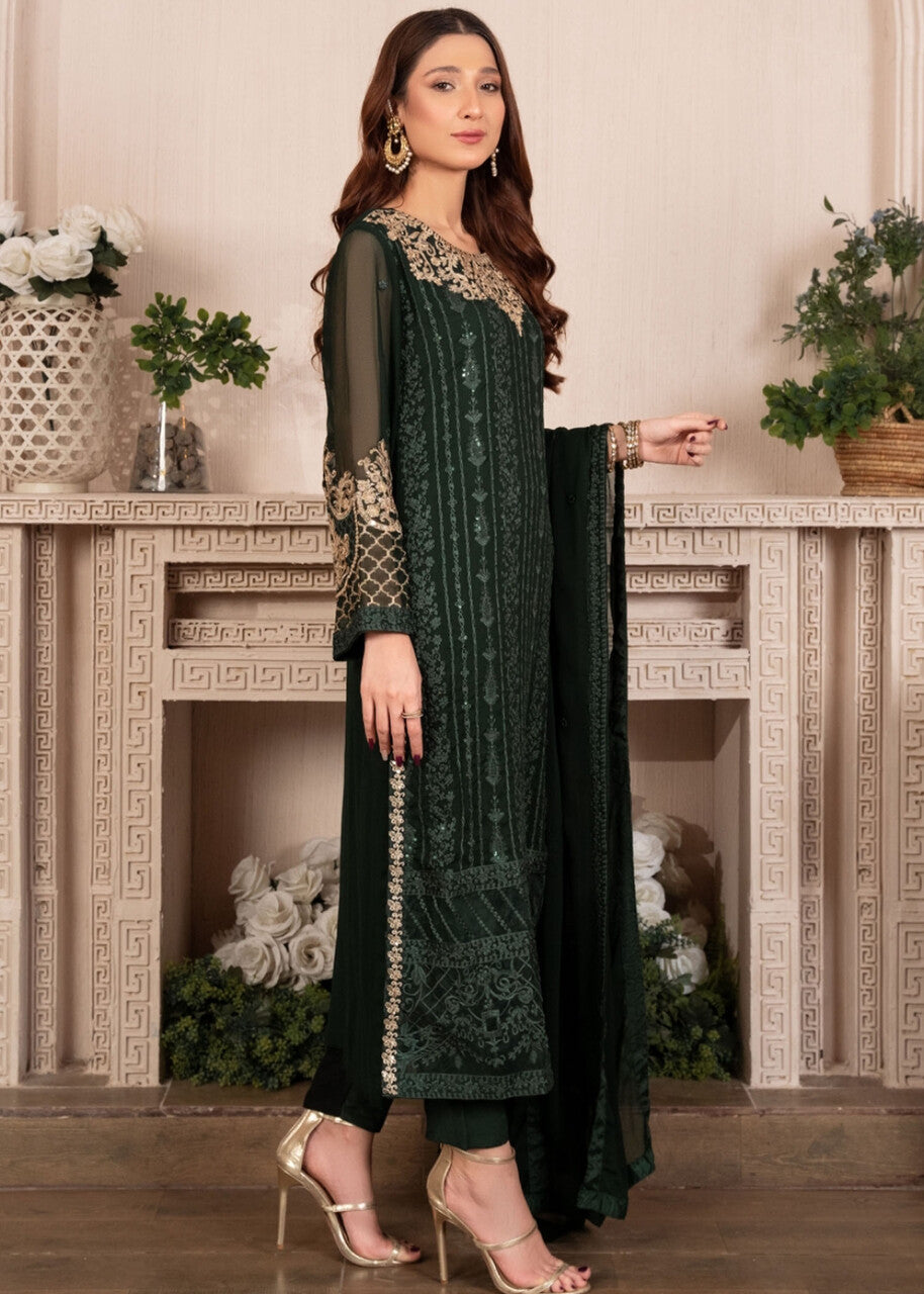 Embroidered Chiffon Long Kurta 3-Piece Suit – Dark Green