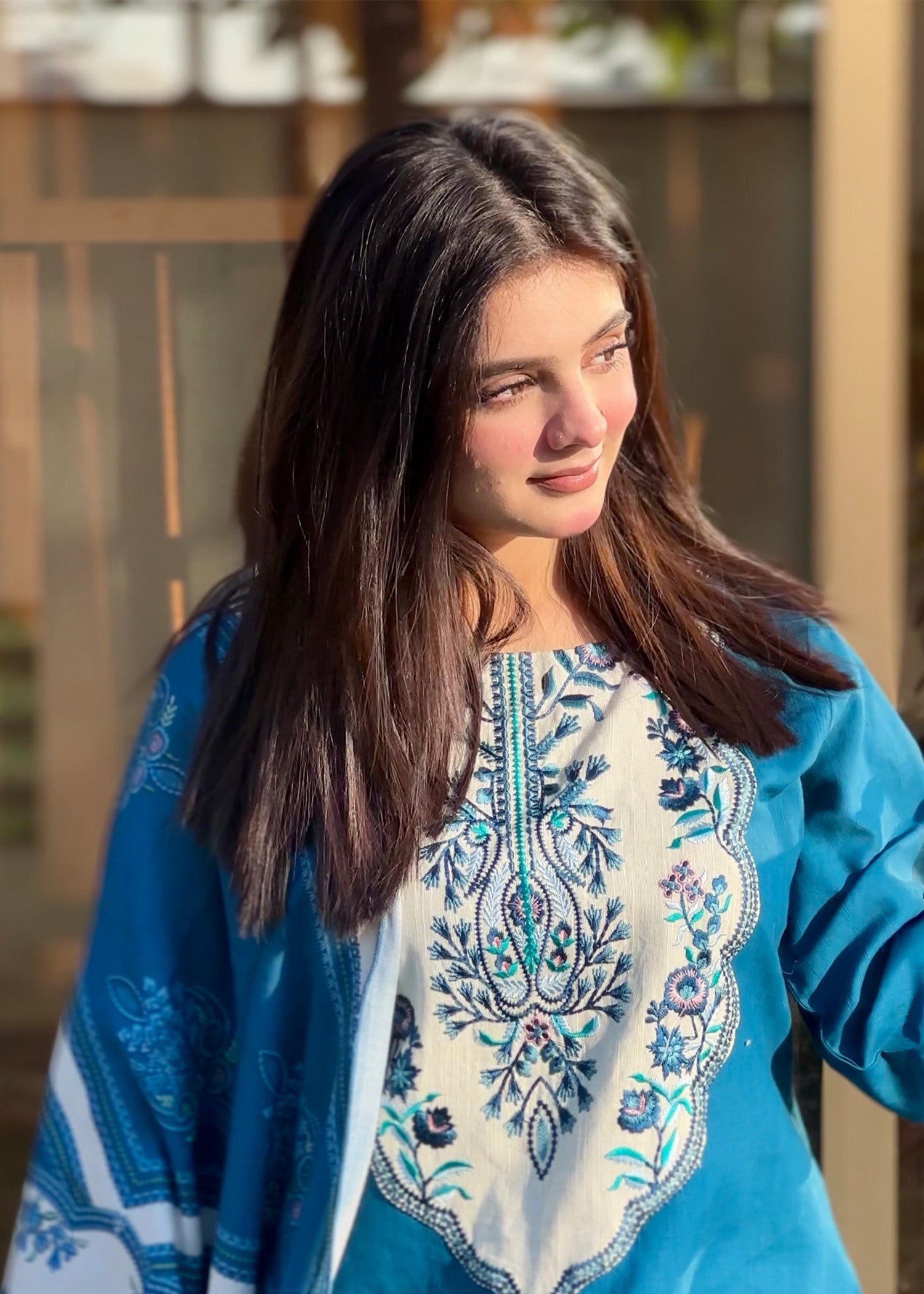 Embroidered Khaddar 3-Piece Suit – Steel Blue, Herringbone Dupatta