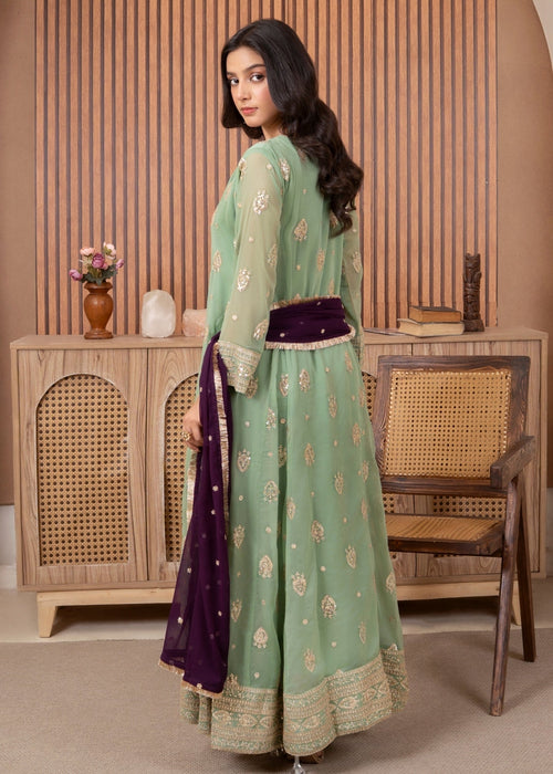 Embroidered Chiffon Floor-Length Pishwas 3-Piece Suit – Pastel Green