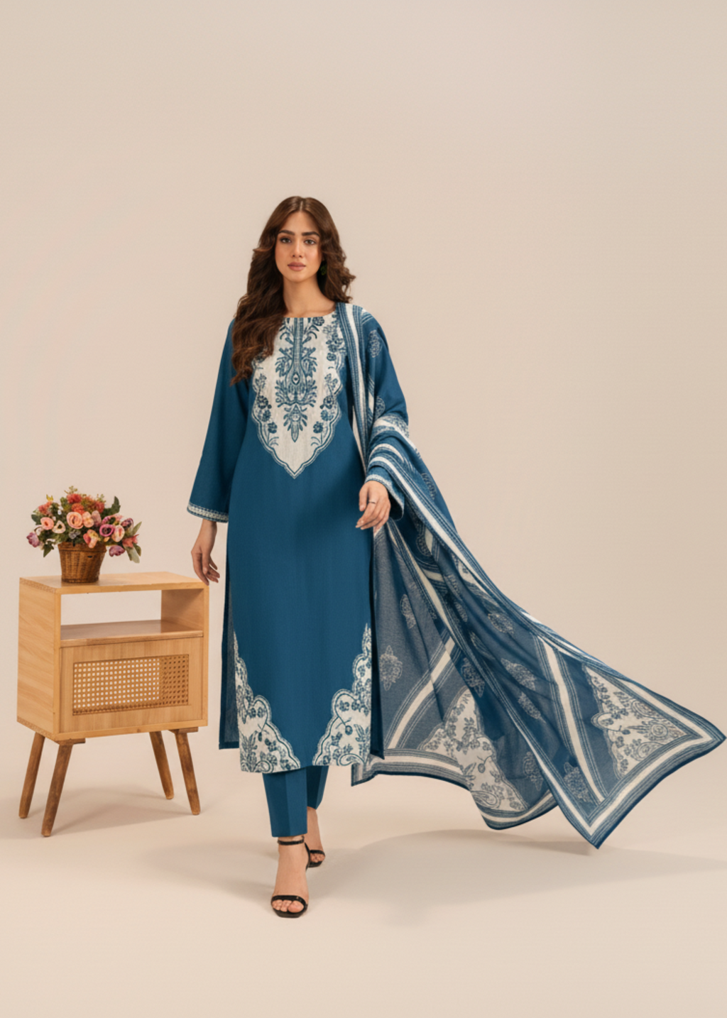 Embroidered Khaddar 3-Piece Suit – Steel Blue, Herringbone Dupatta
