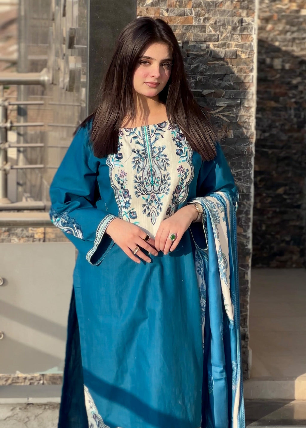 Embroidered Khaddar 3-Piece Suit – Steel Blue, Herringbone Dupatta
