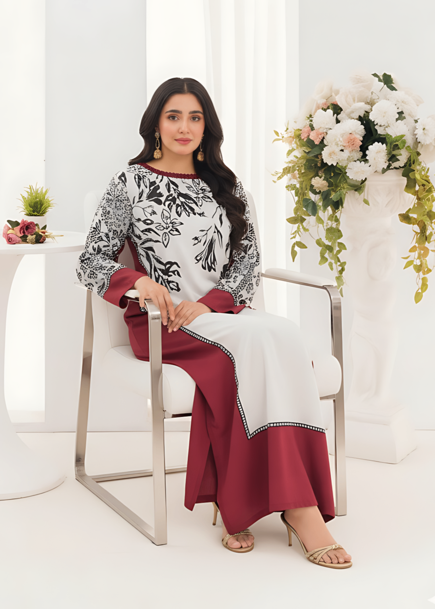 Printed Silk Kaftan – Red & White Floral, All Season