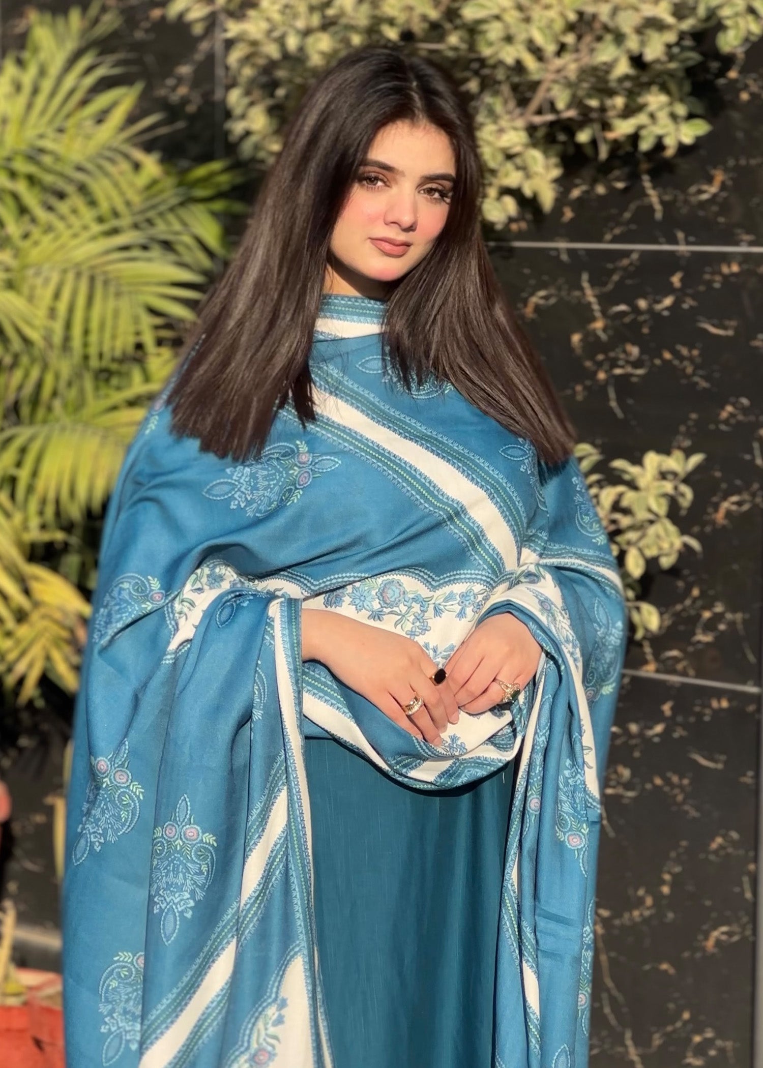 Embroidered Khaddar 3-Piece Suit – Steel Blue, Herringbone Dupatta