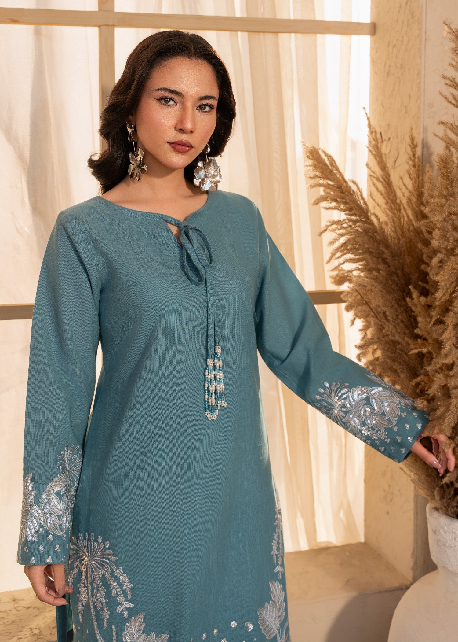 Embroidered Lawn Flapper Suit – Steel Blue, Summer Wear