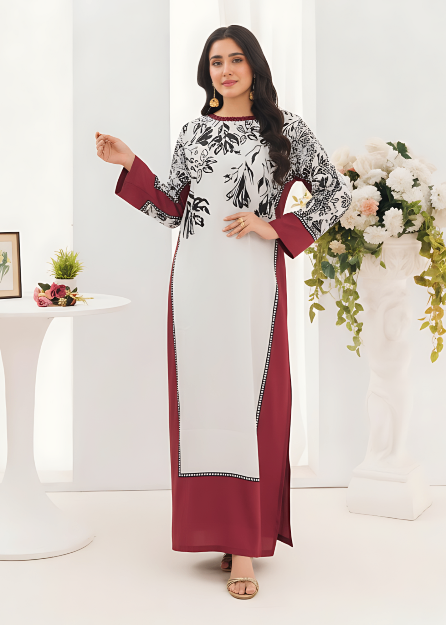 Printed Silk Kaftan – Red & White Floral, All Season