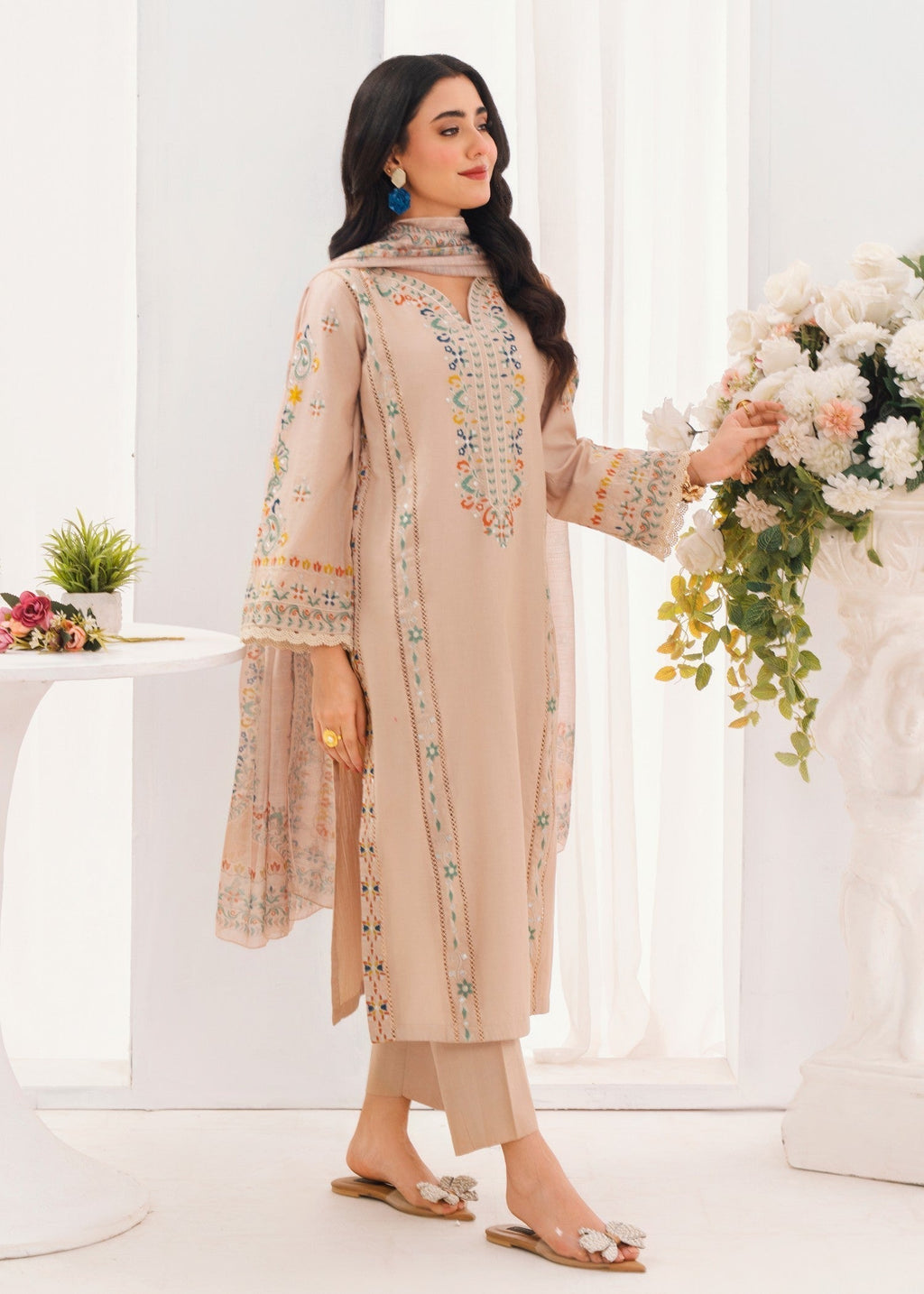 Embroidered Lawn 3-Piece Suit – Beige, Manaar Dupatta