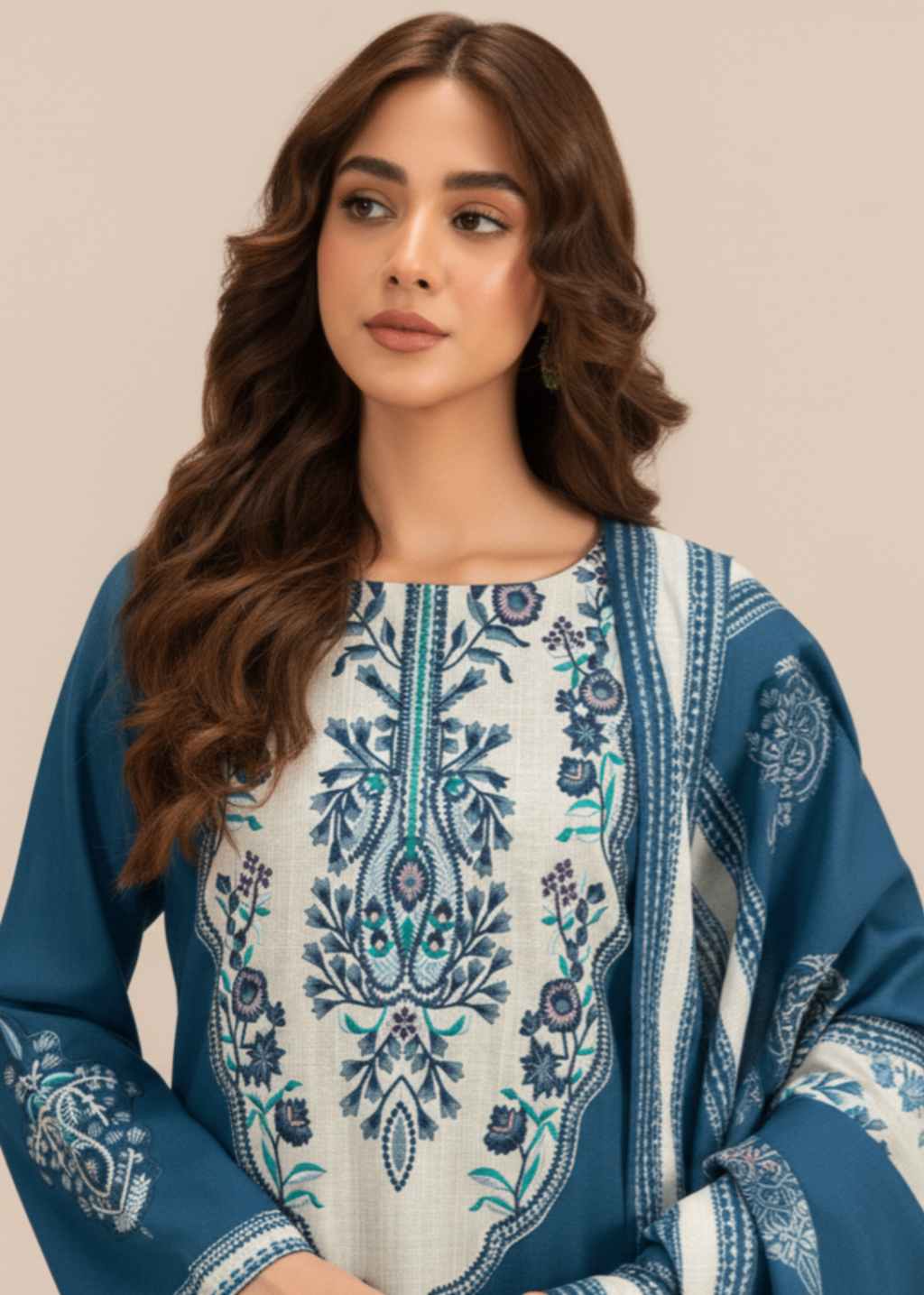Embroidered Khaddar 3-Piece Suit – Steel Blue, Herringbone Dupatta
