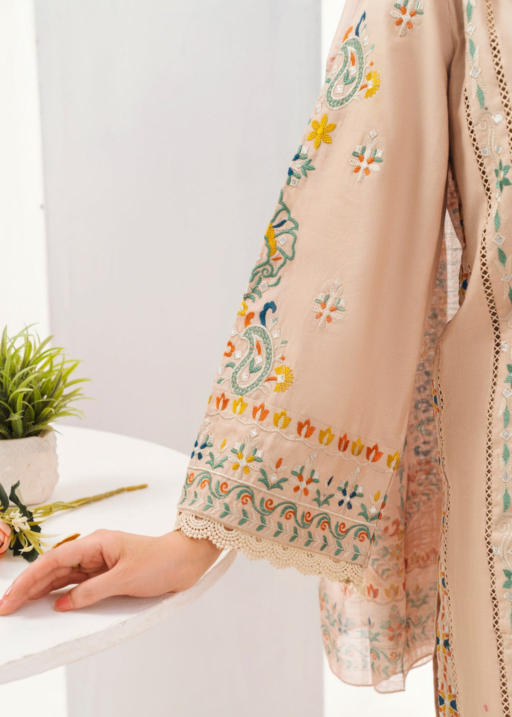 Embroidered Lawn 3-Piece Suit – Beige, Manaar Dupatta