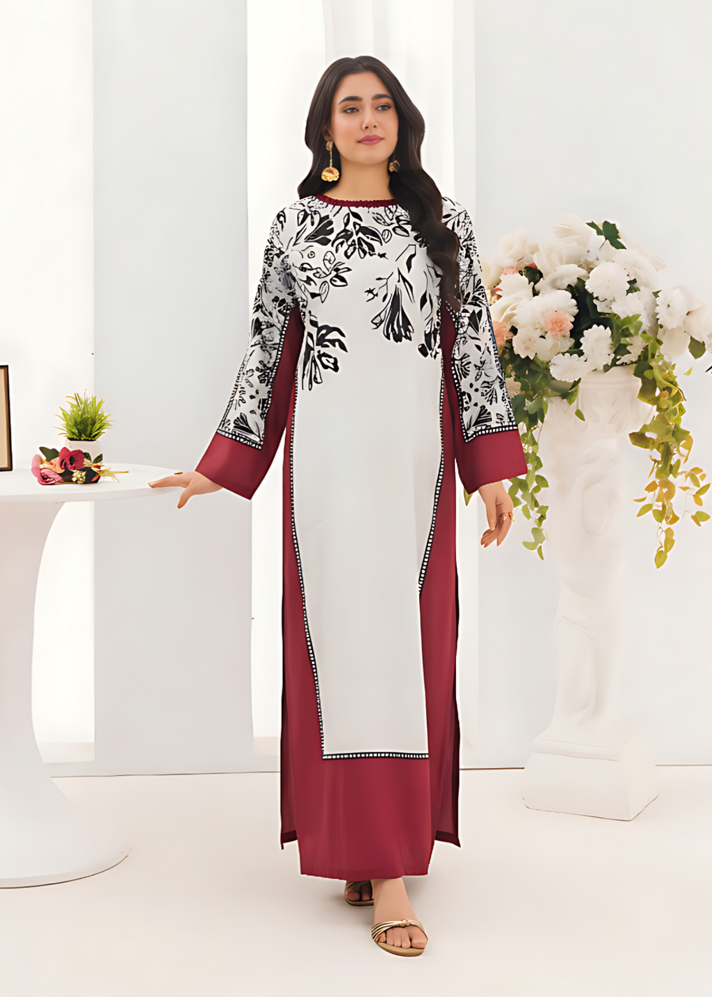 Printed Silk Kaftan – Red & White Floral, All Season