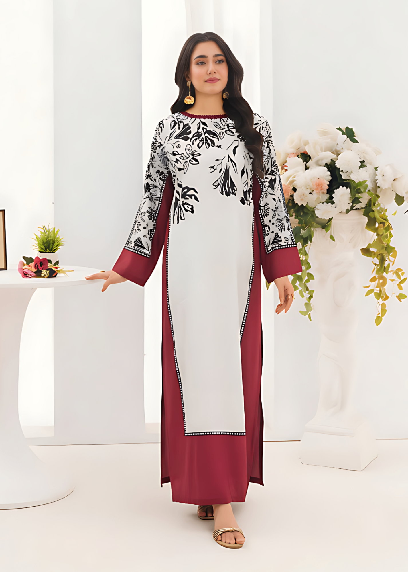 Printed Silk Kaftan – Red & White Floral, All Season