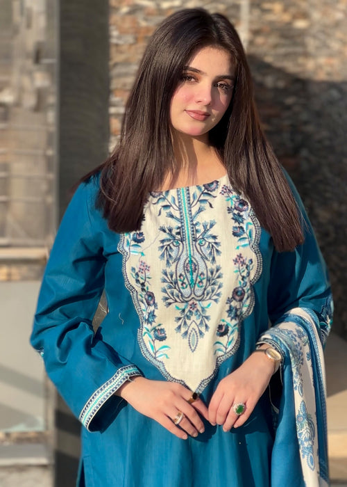 Embroidered Khaddar 3-Piece Suit – Steel Blue, Herringbone Dupatta