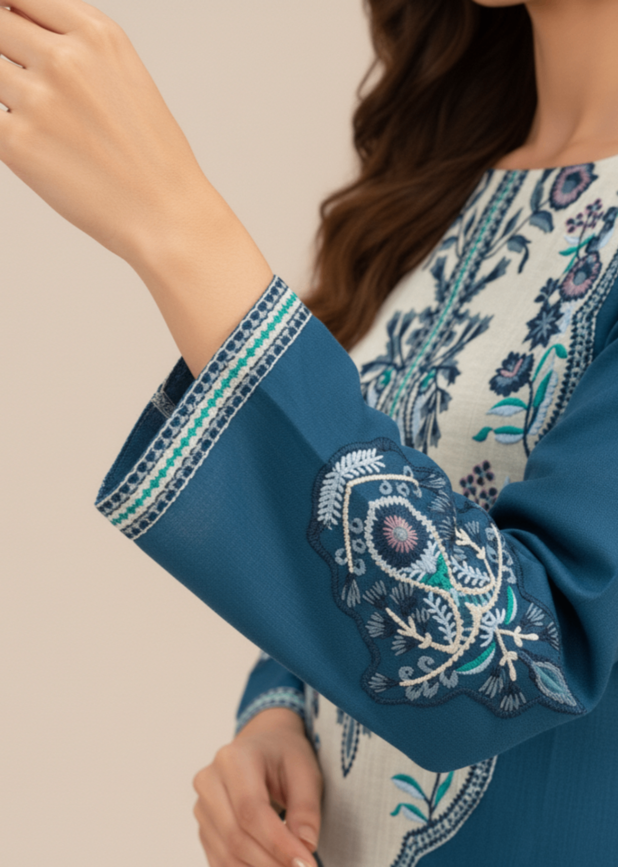 Embroidered Khaddar 3-Piece Suit – Steel Blue, Herringbone Dupatta