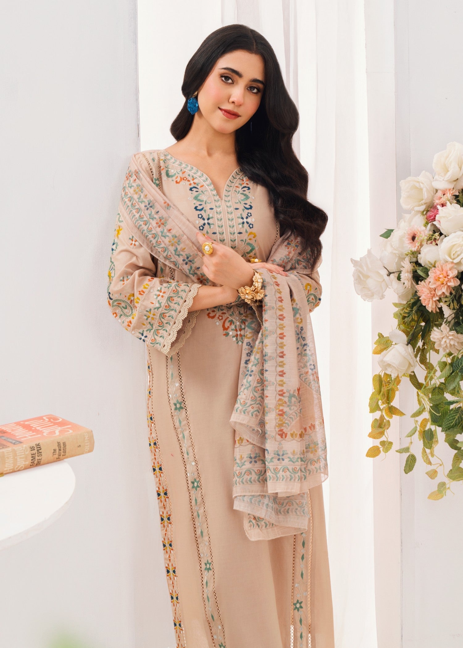 Embroidered Lawn 3-Piece Suit – Beige, Manaar Dupatta