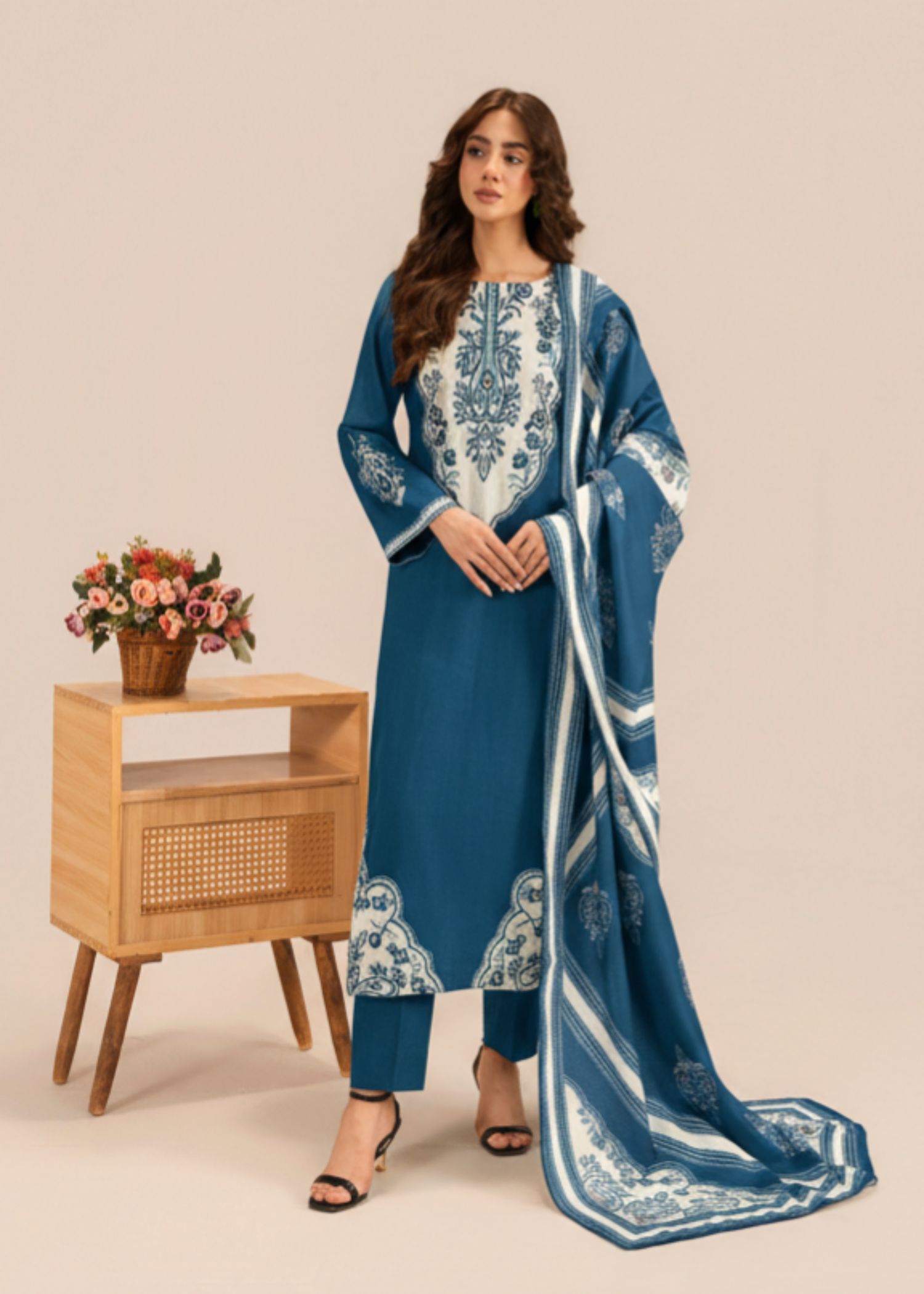 Embroidered Khaddar 3-Piece Suit – Steel Blue, Herringbone Dupatta